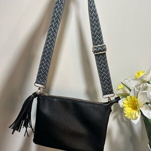 Black Leather Crossbody Bag with Patterned Strap